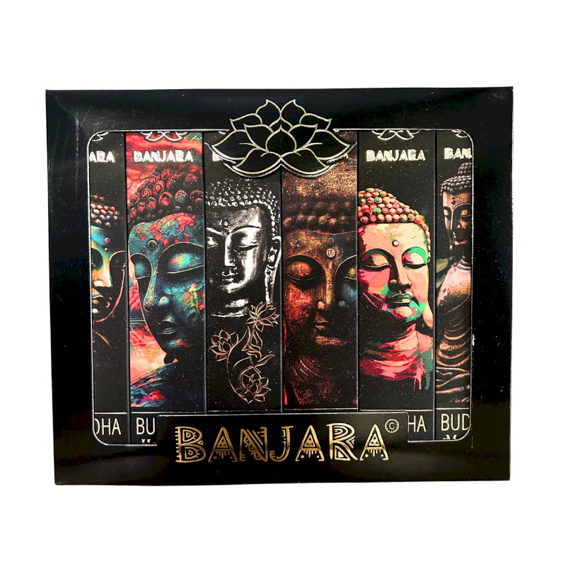 Banjara Buddha 6er-Set Räucherstäbchen Display Box mit 6 verschiedenen Duftsorten aus Indien