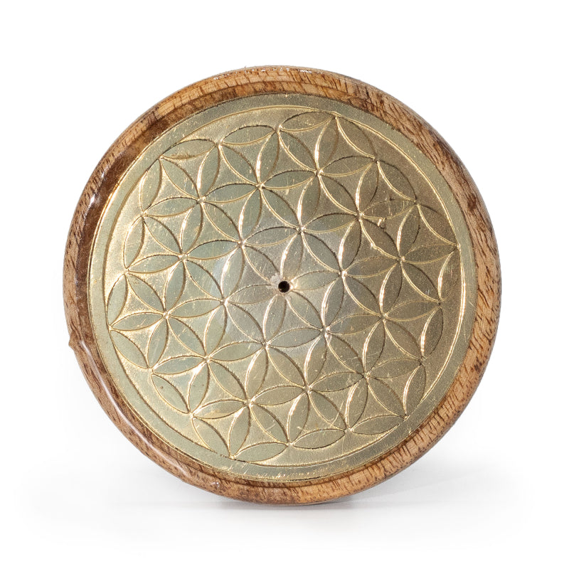 Räucherstäbchenhalter Gold auf Mangoholz - Blume des Lebens