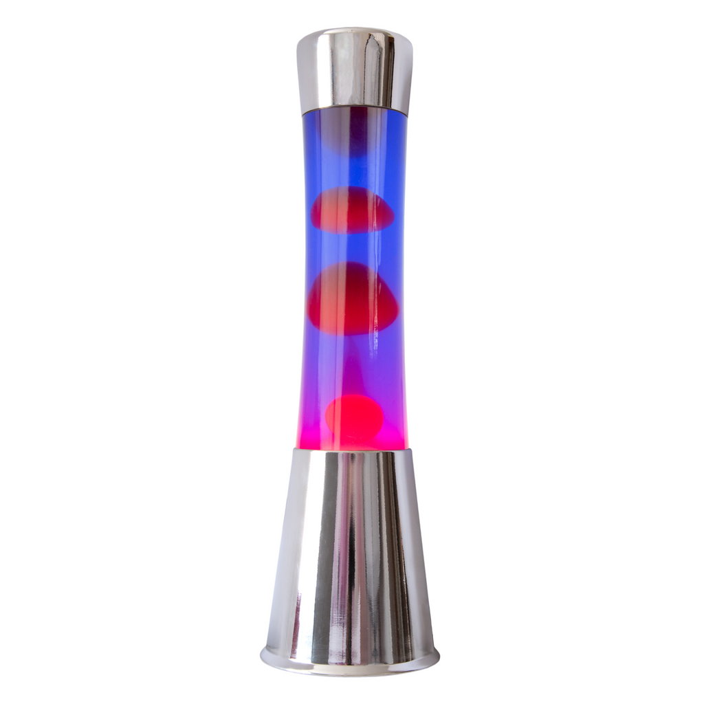 Bild 1: FISURA Lavalampe Tower Chrom 41 cm – Frontansicht hell, lila Flüssigkeit & rotes Wachs | shinypresents.de
