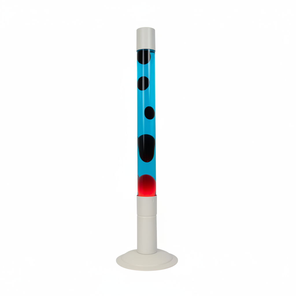 Bild 1: FISURA Lavalampe XXL Mattsilber 75 cm – Frontansicht, blaue Flüssigkeit & rotes Wachs | shinypresents.de
