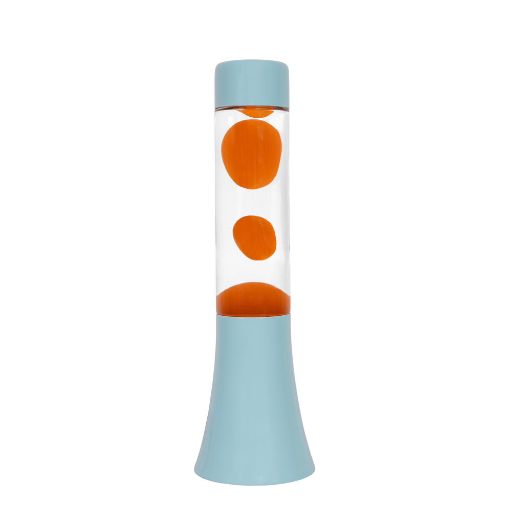 Bild 1: FISURA Lavalampe Mini Türkis 30 cm – Frontansicht hell, klare Flüssigkeit & oranges Wachs | shinypresents.de
