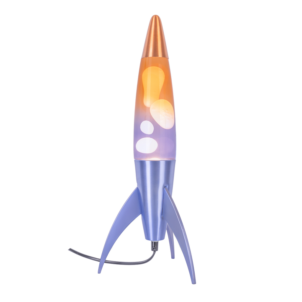 Bild 1: FISURA Lavalampe Rocket Lavendel 45 cm – Frontansicht, Farbverlauf Lavendel-Orange mit hellorangem Wachs | shinypresents.de

