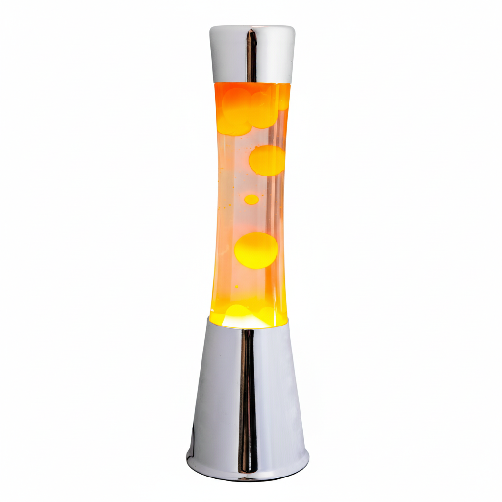 Bild 1: FISURA Lavalampe Tower Chrom 41 cm – Frontansicht, klare Flüssigkeit & feueroranges Wachs | shinypresents.de
