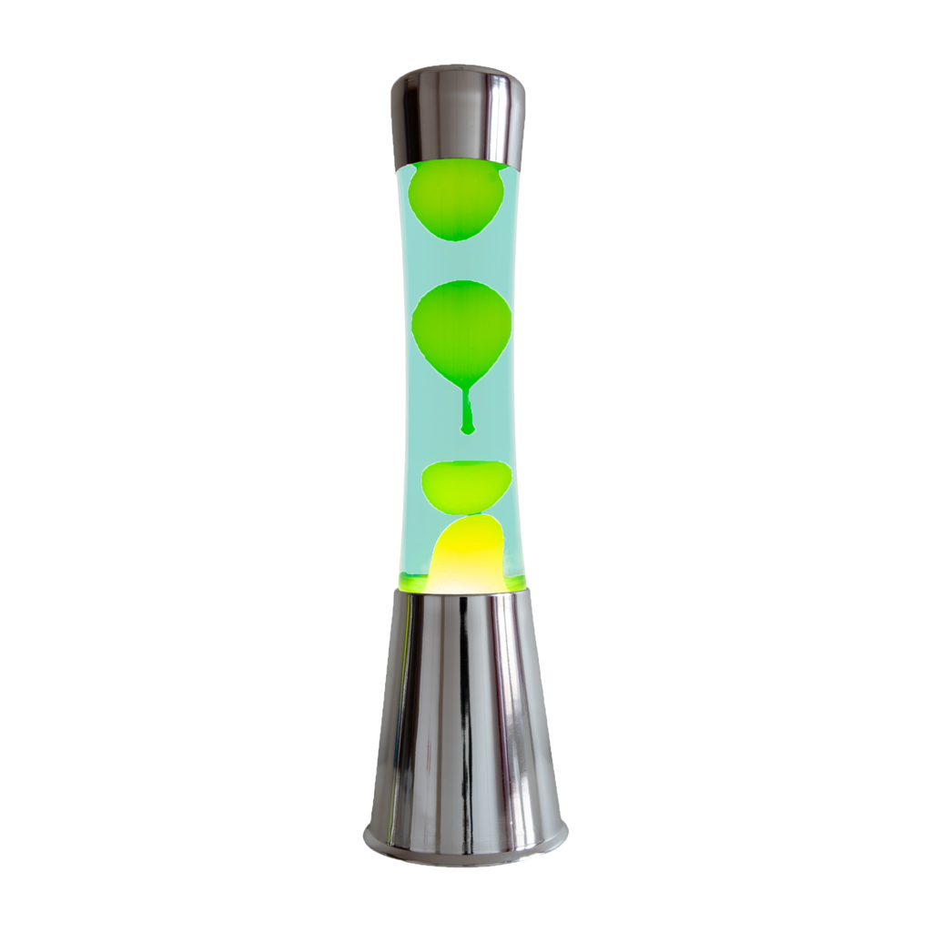 Bild 1: FISURA Lavalampe Tower Chrom Grün Gelb 41 cm – Frontansicht hell, grüne Flüssigkeit & gelbes Wachs | shinypresents.de
