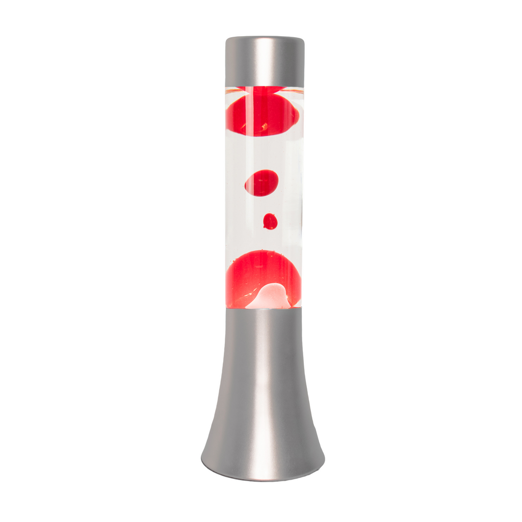 Bild 1: FISURA Lavalampe Mini Silber 30 cm – Frontansicht hell, klare Flüssigkeit & rotes Wachs | shinypresents.de
