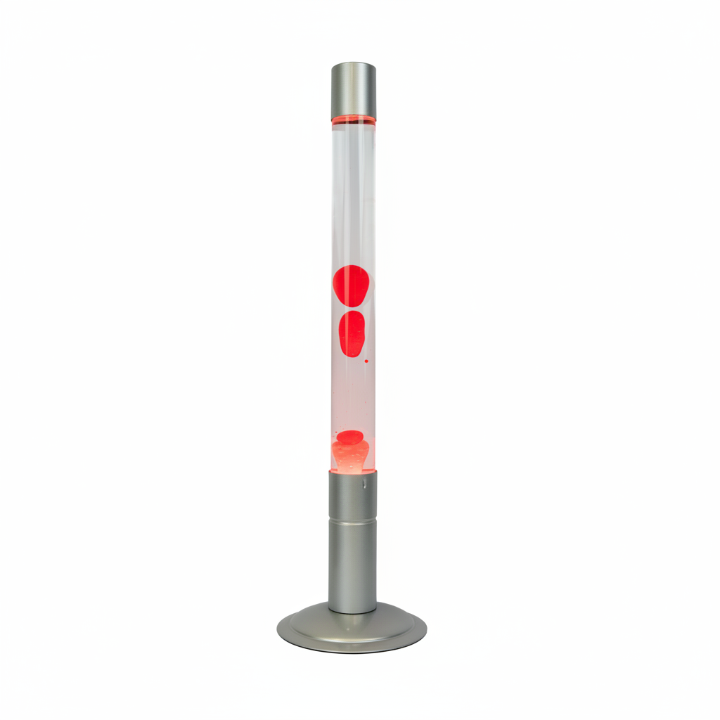 Bild 1: FISURA Lavalampe XXL Mattsilber 75 cm – Frontansicht, klare Flüssigkeit & rotes Wachs | shinypresents.de
