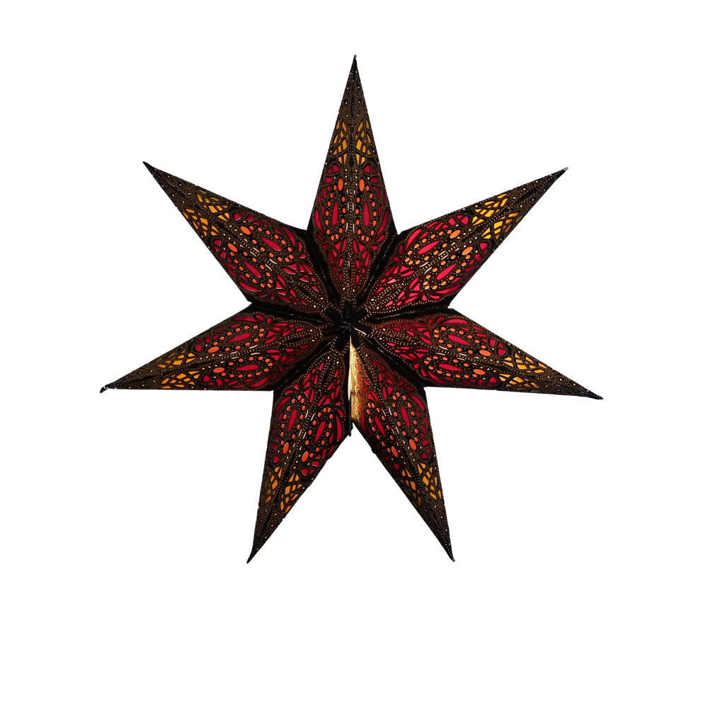 shinypresents.de Mini Stern Atilla Schwarz Rot Goldglitter 7 Zacken – Papierstern Fensterdeko mit LED-Timer
