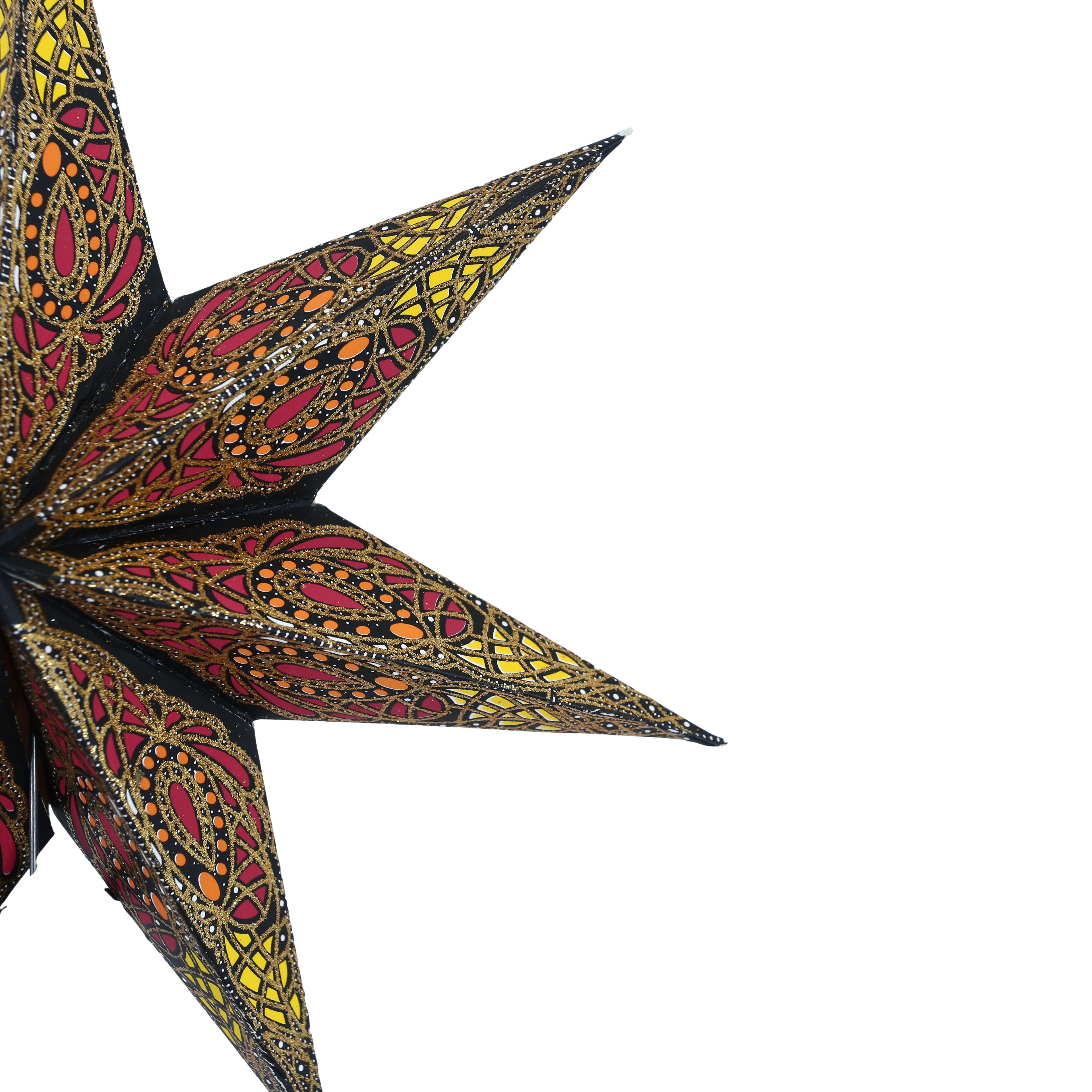 shinypresents.de Mini Stern Atilla Schwarz Rot Goldglitter 7 Zacken Detailansicht – Papierstern mit LED-Timer
