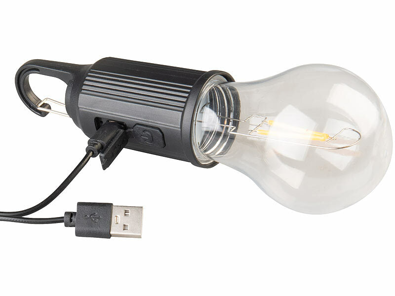 LED-Akku-Glühbirne in Betrieb, warmweißes Licht, dekorative Tischlampe, shinypresents.de
