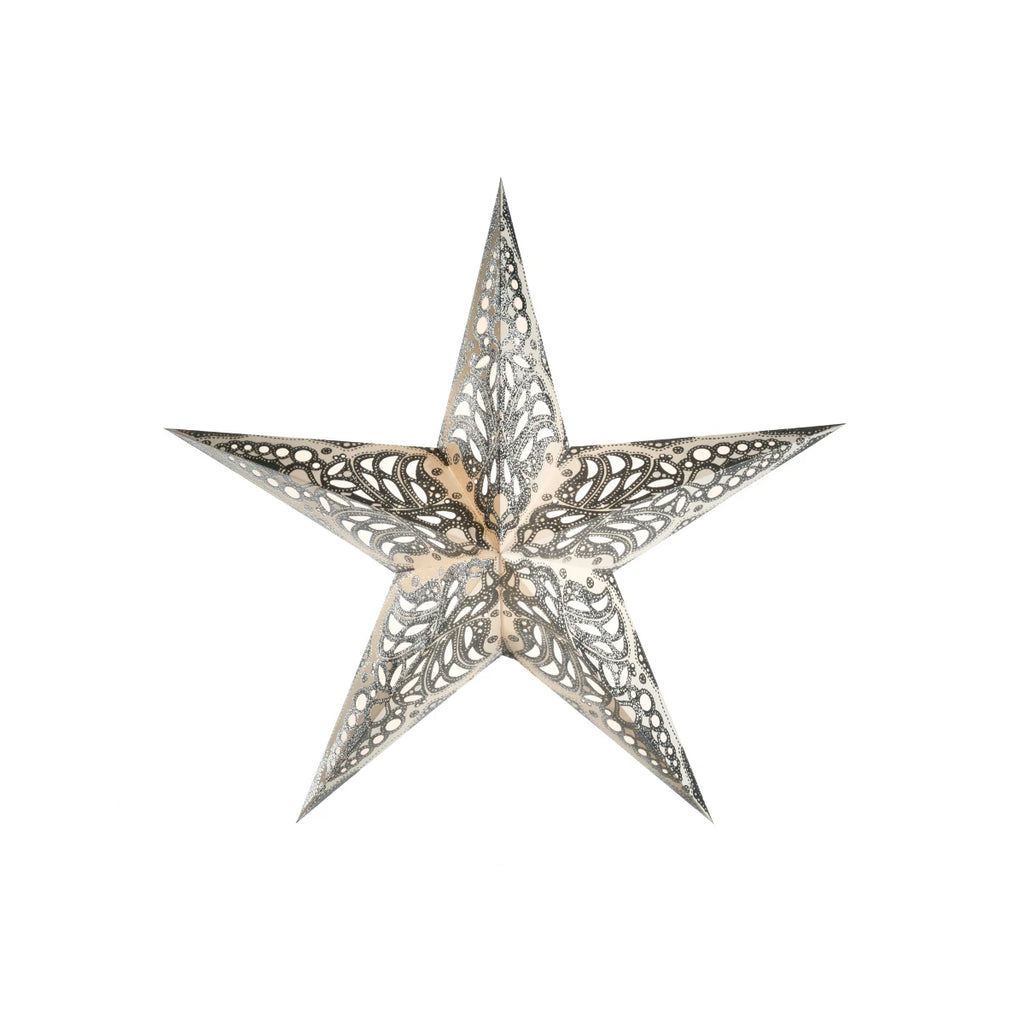 starlightz geeta silver Leuchtstern 60cm - Handgefertigter silberner Papierstern mit dekorativem Muster | shinypresents.de