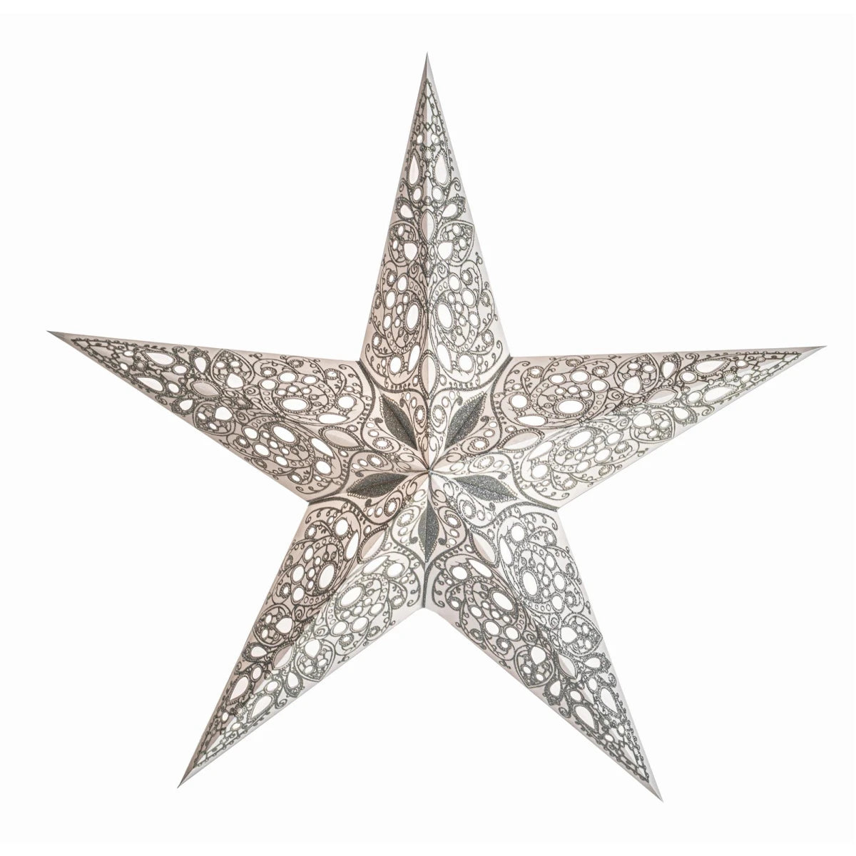 starlightz Raja Silver 60cm - Nahaufnahme des silbernen Papiersterns mit dekorativem Muster | shinypresents.de